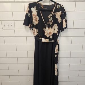 BloomChic Black Midi Dress with Cream Floral Print